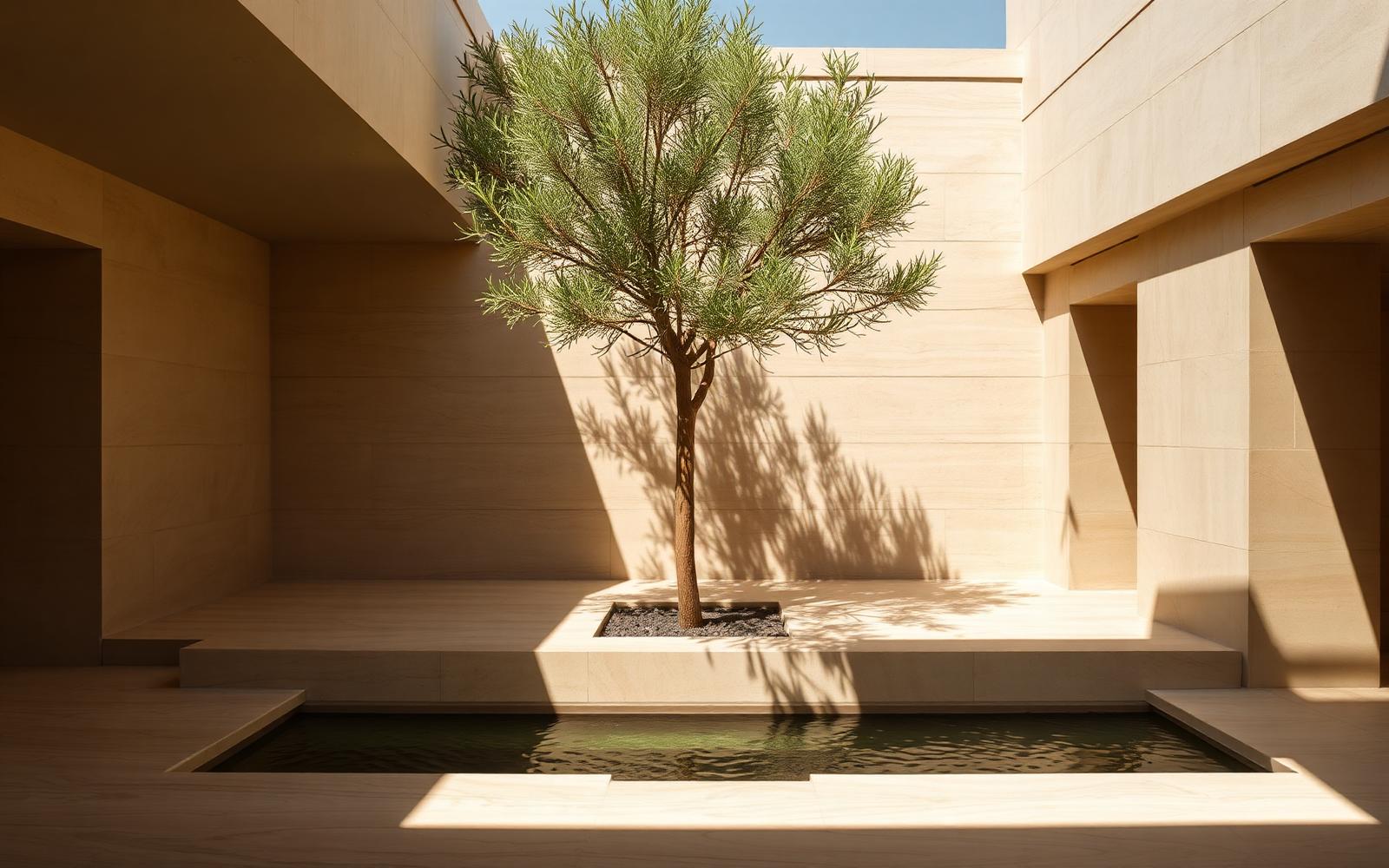 Interior courtyard with olive tree and water channel
